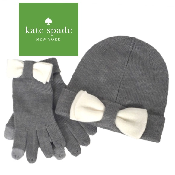 NIB Kate Spade Gray Bow Beanie and Gloves Box Set - Picture 1 of 4